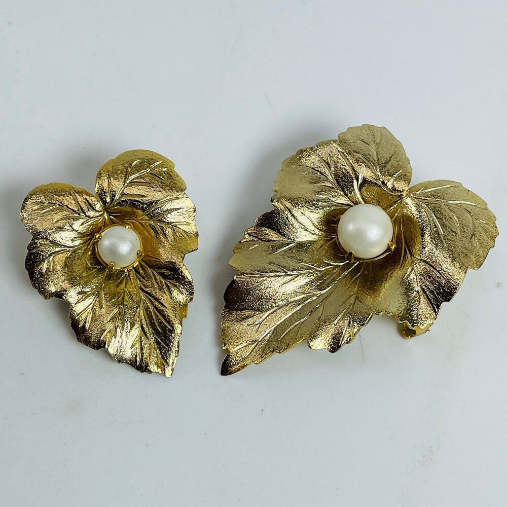 Sarah Coventry Leaf Brooch Pin Set 1.75" & 1.25" Faux Pearl Gold Tone Vintage